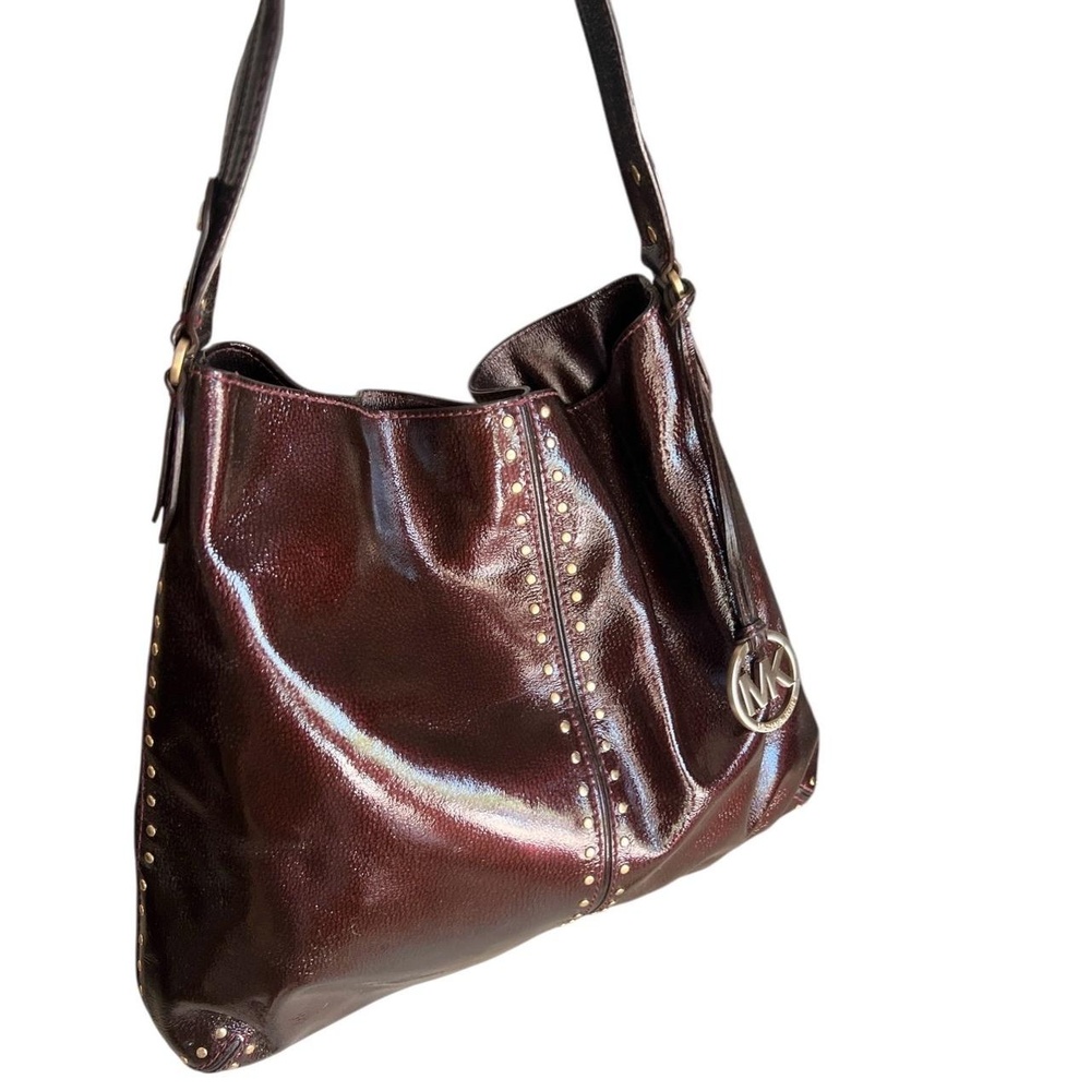 Michael Kors Shoulder Tote Brown Red Patent Studded Designer Lrg EUC